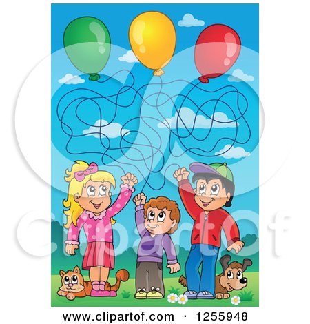Clipart of a Happy White Children Playing with Balloons a Cat and Dog - Royalty Free Vector Illustration by visekart