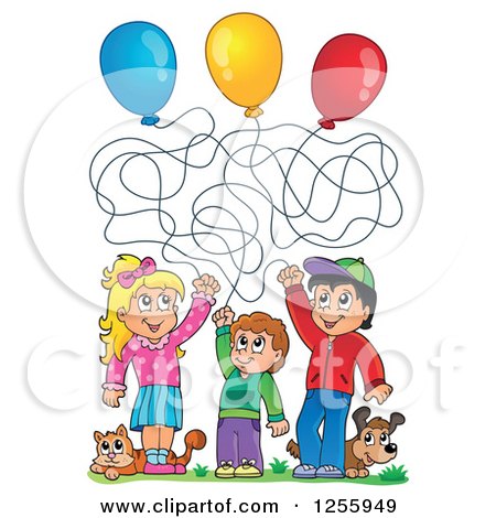 Clipart of a Happy Caucasian Children Playing with Balloons a Cat and Dog - Royalty Free Vector Illustration by visekart