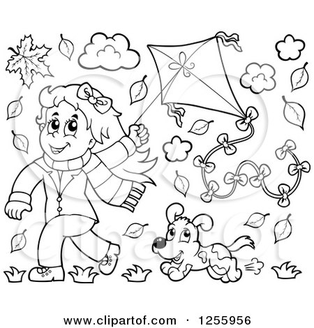 Clipart of a Happy Black and White Girl Running with a Kite and Dog Through Autumn Leaves - Royalty Free Vector Illustration by visekart