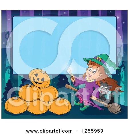 Clipart of a Halloween Background of a Witch Cat and and Pumpkins over Blue Text Space - Royalty Free Vector Illustration by visekart