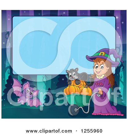 Clipart of a Halloween Background of a Witch Cat and Bat over Blue Text Space - Royalty Free Vector Illustration by visekart