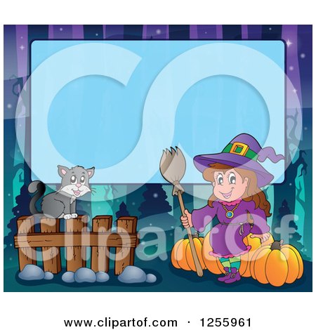 Clipart of a Halloween Background of a Witch Cat and Pumpkins over Blue Text Space - Royalty Free Vector Illustration by visekart