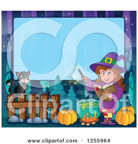 Clipart of a Halloween Background of a Witch Cat and Cauldron over Blue Text Space - Royalty Free Vector Illustration by visekart