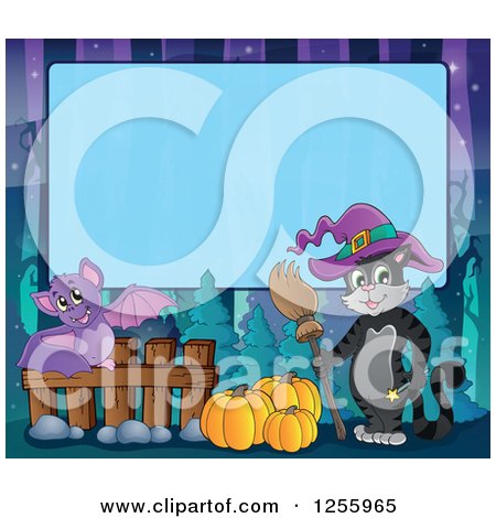 Clipart of a Halloween Background of a Witch Cat and Flying Bat over Blue Text Space - Royalty Free Vector Illustration by visekart