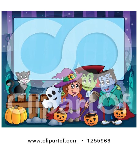 Clipart of a Halloween Background of a Witch Cat and Bat Ghost Vampire and Frankenstein over Blue Text Space - Royalty Free Vector Illustration by visekart