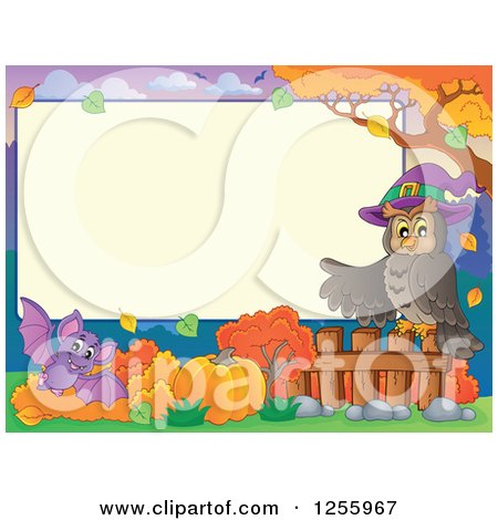 Clipart of a Halloween Sign with a Witch Owl and Vampire Bat - Royalty Free Vector Illustration by visekart