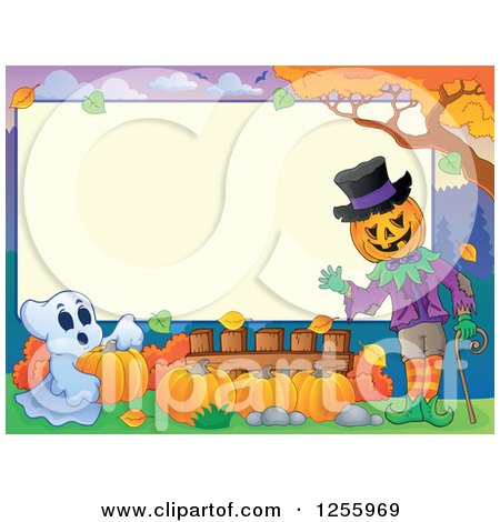 Clipart of a Halloween Sign with a Pumkin Man and Ghost - Royalty Free Vector Illustration by visekart