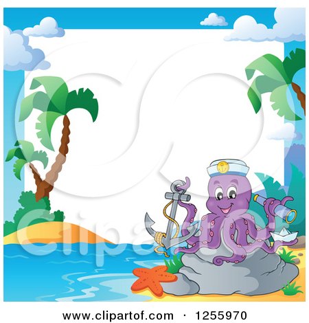 Clipart of a Captain Octopus with a Telescope and Anchor on a Beach Border - Royalty Free Vector Illustration by visekart