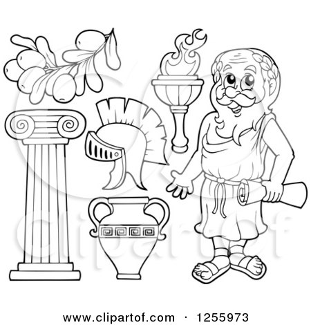 Clipart of a Black and White Greek Man and Items - Royalty Free Vector Illustration by visekart
