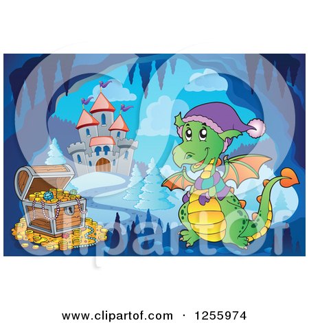 Clipart of a Dragon and Treasure Chest in a Winter Cave near a Castle - Royalty Free Vector Illustration by visekart