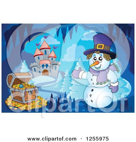 Clipart of a Snowman and Treasure Chest in a Winter Cave near a Castle - Royalty Free Vector Illustration by visekart