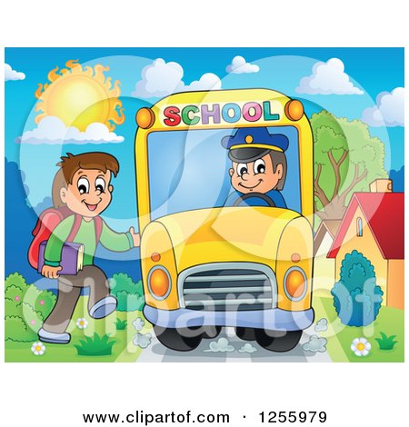 Clipart of a Happy Brunette White Boy Boarding a School Bus - Royalty Free Vector Illustration by visekart