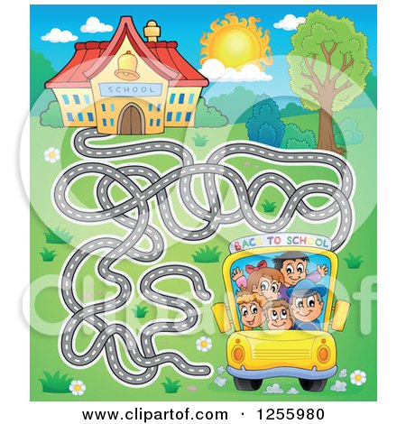 Clipart of a School Bus Maze and Building - Royalty Free Vector Illustration by visekart