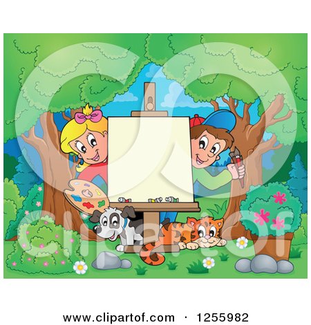 Clipart of White School Children with a Dog and Cat Around an Art Easel in the Woods - Royalty Free Vector Illustration by visekart
