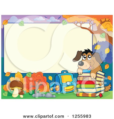 Clipart of a Dog with School Books and a Bag Under an Autumn Sign - Royalty Free Vector Illustration by visekart