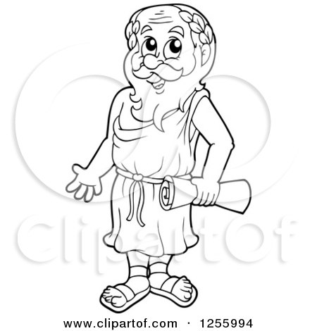 Clipart of a Black and White Greek Man Holding a Scroll - Royalty Free Vector Illustration by visekart