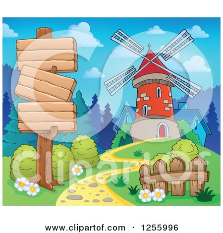 Clipart of a Windmill and Wooden Sign Boards - Royalty Free Vector Illustration by visekart