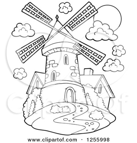 Clipart of a Black and White Windmill and House - Royalty Free Vector Illustration by visekart