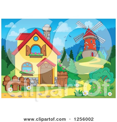 Clipart of a Windmill and House - Royalty Free Vector Illustration by visekart