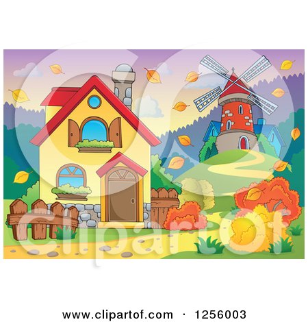 Clipart of a Windmill and House in an Autumn Landscape - Royalty Free Vector Illustration by visekart