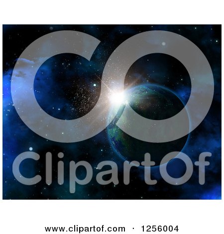 Clipart of a 3d Fictional Planet and Sun Rising over Outer Space - Royalty Free Illustration by KJ Pargeter