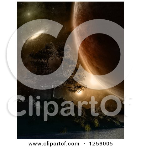 Clipart of a 3d Fictional Sky over a Lake and Tree at Night - Royalty Free Illustration by KJ Pargeter