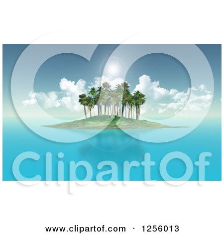 Clipart of a 3d Tropical Island with Calm Seas and Sun Flares - Royalty Free Illustration by KJ Pargeter