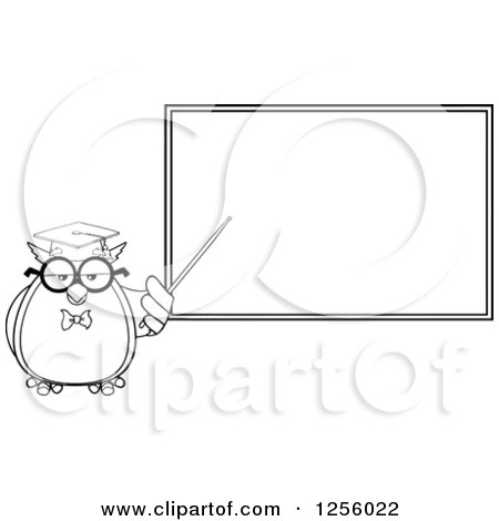 Clipart of a Black and White Wise Professor Owl Pointing to a Chalkboard - Royalty Free Vector Illustration by Hit Toon