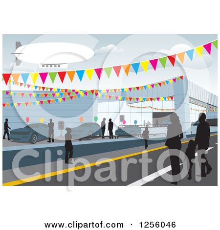Clipart of a Bilmp over Silhouetted People Car Shopping at a Dealership - Royalty Free Vector Illustration by David Rey