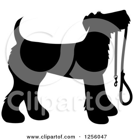 Clipart of a Black Silhouetted Airedale Terrier Dog Waiting with a Leash - Royalty Free Vector Illustration by Maria Bell