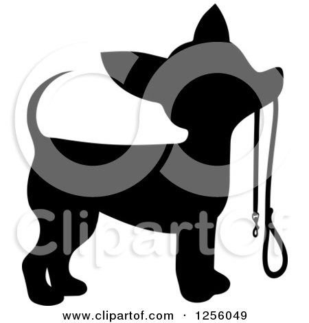 Clipart of a Black Silhouetted Chihuahua Dog Waiting with a Leash - Royalty Free Vector Illustration by Maria Bell