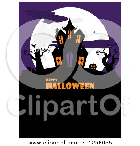 Clipart of a Haunted Mansion with Bats on a Hill Against a Full Moon and Purple Sky with Happy Halloween Text - Royalty Free Vector Illustration by elaineitalia