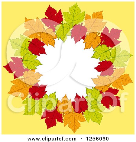 Clipart of a Round Frame of Autumn Leaves over Yellow with White Text Space - Royalty Free Vector Illustration by elaineitalia