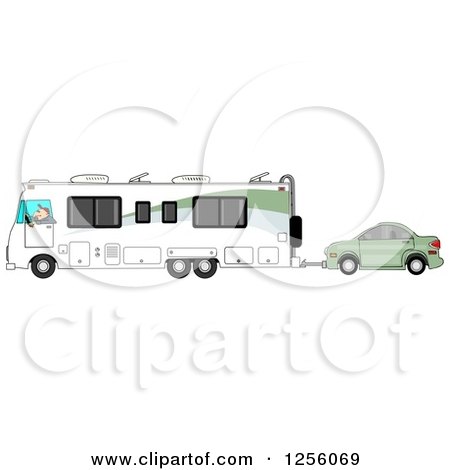 Clipart of a Caucasian Man Driving a Class a Motorhome and Towing a Car - Royalty Free Illustration by djart