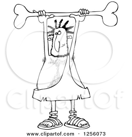 Clipart of a Black and White Caveman Holding a Bone Above His Head - Royalty Free Vector Illustration by djart
