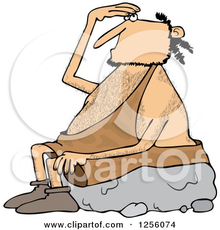 Clipart of a Caveman Sitting on a Boulder and Looking up - Royalty Free Vector Illustration by djart