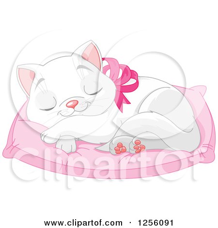 Clipart of a Cute White Kitten Wearing a Pink Bow and Napping on a Pillow - Royalty Free Vector Illustration by Pushkin
