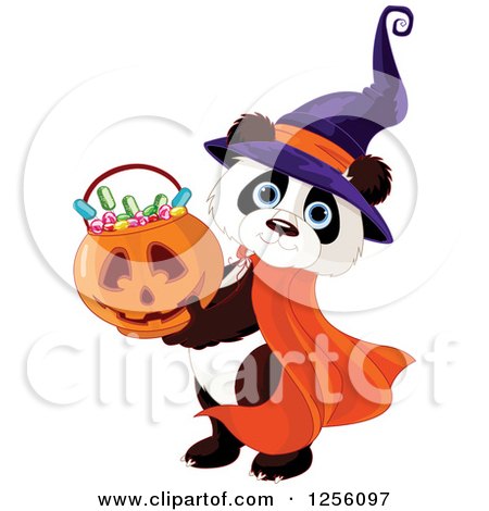 Clipart of a Cute Panda Dressed in a Witch Hat, Holding up a Halloween Pumpkin Basket of Candy - Royalty Free Vector Illustration by Pushkin