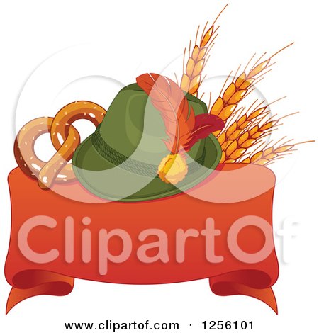 Clipart of a German Oktoberfest Hat with Wheat and a Soft Pretzel over a Red Ribbon Banner - Royalty Free Vector Illustration by Pushkin