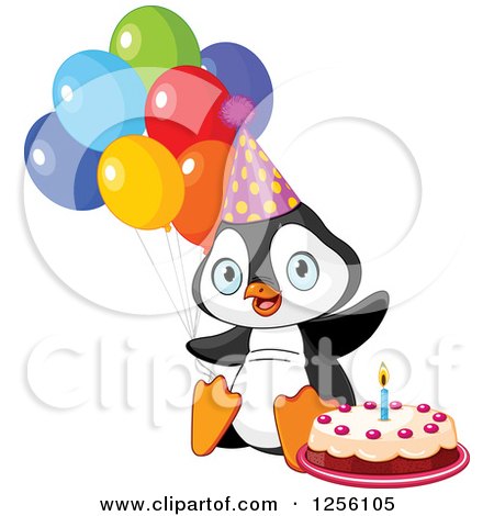 Clipart of a Cute Birthday Party Penguin with Cake and Balloons - Royalty Free Vector Illustration by Pushkin