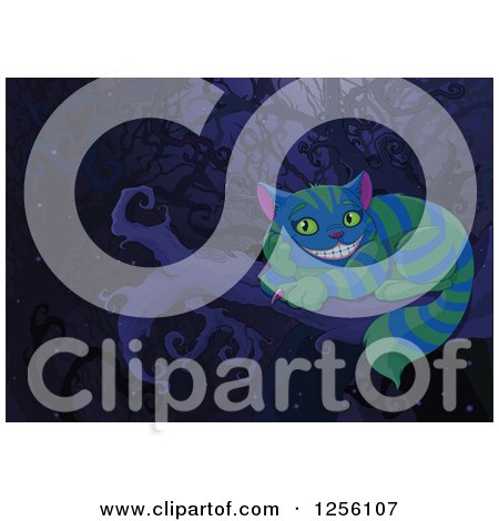 Clipart of the Cheshire Cat with Green and Blue Stripes on a Branch at Night - Royalty Free Vector Illustration by Pushkin