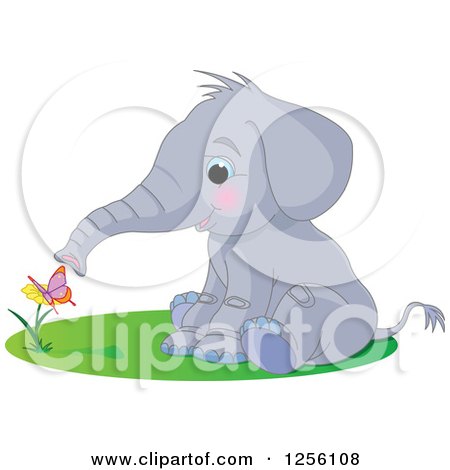 Clipart of a Cute Baby Elephant Smelling a Butterfly on a Flower - Royalty Free Vector Illustration by Pushkin