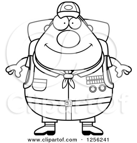Clipart of a Black and White Chubby Male Scout Master Wearing a Backpack - Royalty Free Vector Illustration by Cory Thoman