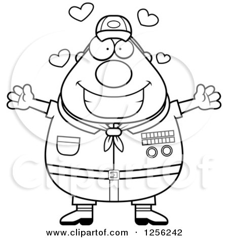 Clipart of a Black and White Loving Chubby Male Scout Master with Open Arms - Royalty Free Vector Illustration by Cory Thoman