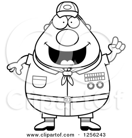 Clipart of a Black and White Chubby Male Scout Master with an Idea - Royalty Free Vector Illustration by Cory Thoman