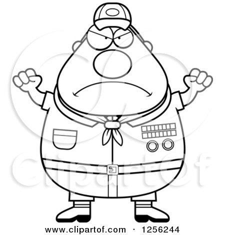 Clipart of a Black and White Mad Chubby Male Scout Master Waving His Fists - Royalty Free Vector Illustration by Cory Thoman