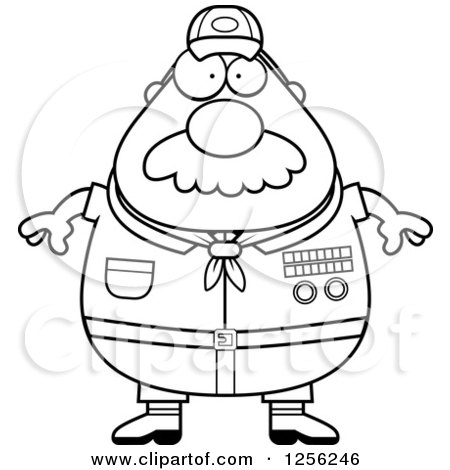 Clipart of a Black and White Chubby Male Scout Master with a Mustache - Royalty Free Vector Illustration by Cory Thoman