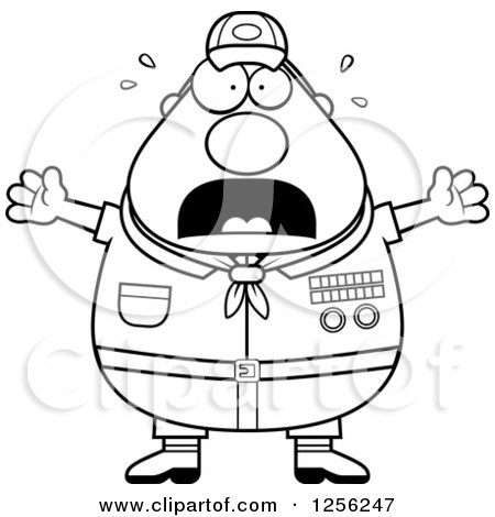 Clipart of a Black and White Scared Screaming Chubby Male Scout Master - Royalty Free Vector Illustration by Cory Thoman