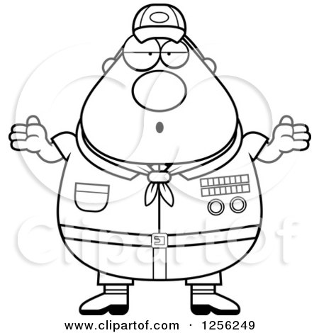 Clipart of a Black and White Careless Shrugging Chubby Male Scout Master - Royalty Free Vector Illustration by Cory Thoman