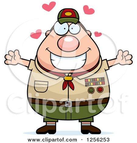 Clipart of a Loving Chubby Male Caucasian Scout Master with Open Arms - Royalty Free Vector Illustration by Cory Thoman